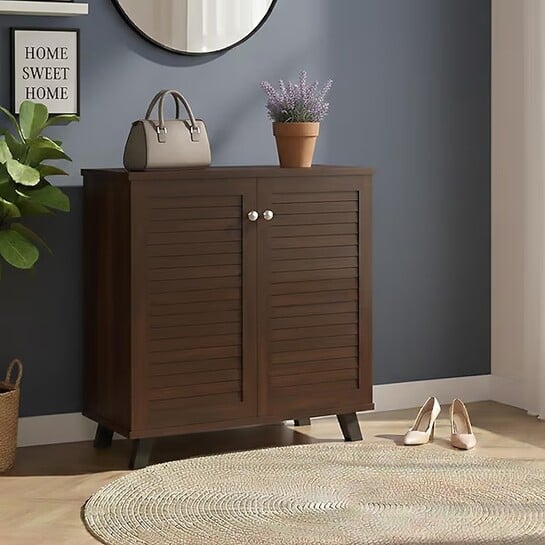 LERIMO 2-Door Engineered Wood Shoe Rack, 4-Tier Wooden Shoe Rack (Walnut, 2 Door)