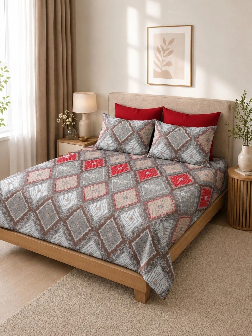 Buy Myntra Elegant Homes Grey & Red Geometric 350 TC King Bedsheet With 2 Pillow Covers - Bedsheets for Unisex 44955788 | Myntra