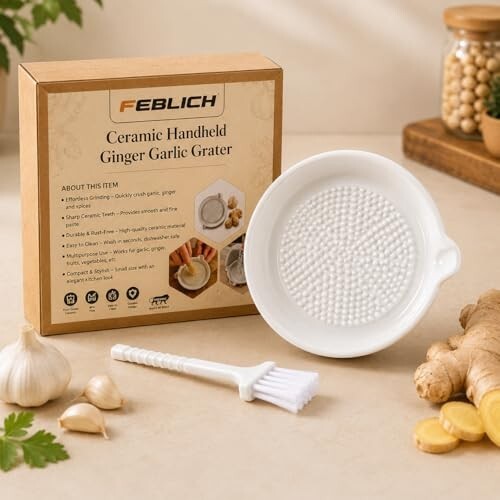 Ceramic Garlic Grater Plate with Brush & Non-Slip Base (Medium)