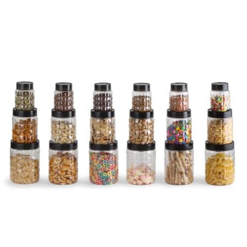 CELLO Checkers Airtight Kitchen Storage Container Set of 18 (Grey) | Unbreakable & Fridge Safe Canisters for Spices, Pulses & Dry Fruits (6x300ml, 6x650ml, 6x1200ml)