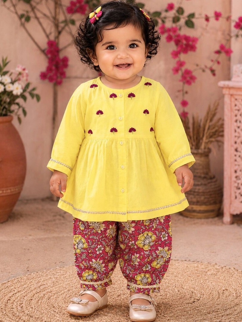 Buy Pspeaches Girls Floral Embroidered Empire Thread Work Pure Cotton Kurti With Patiala - Kurta Sets for Girls 44210680 | Myntra