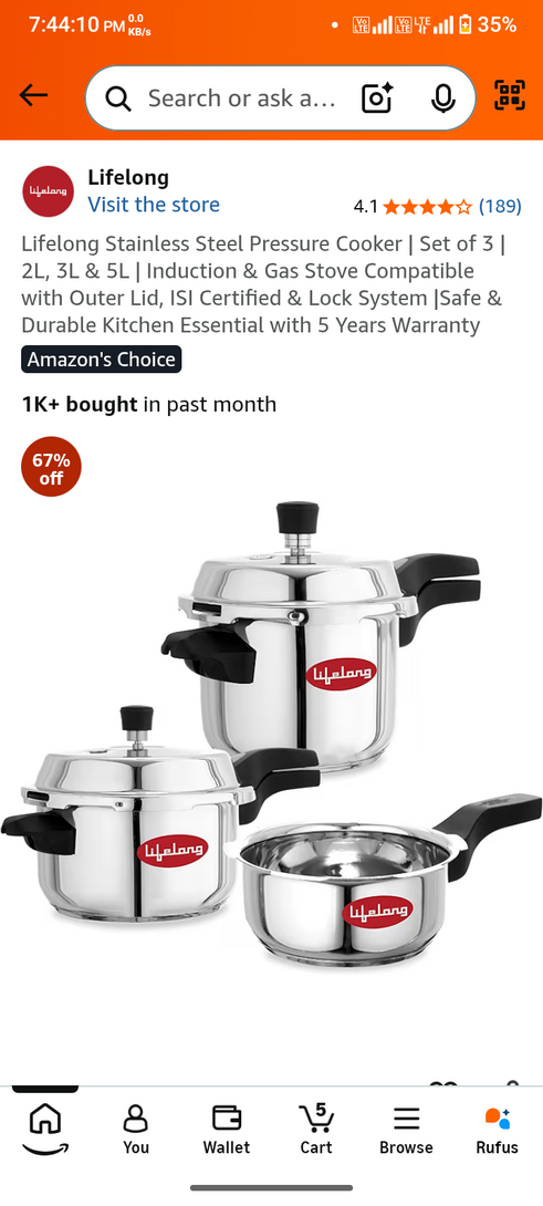 Lifelong Stainless Steel Pressure Cooker | Set of 3 | 2L, 3L & 5L | Induction & Gas Stove Compatible with Outer Lid