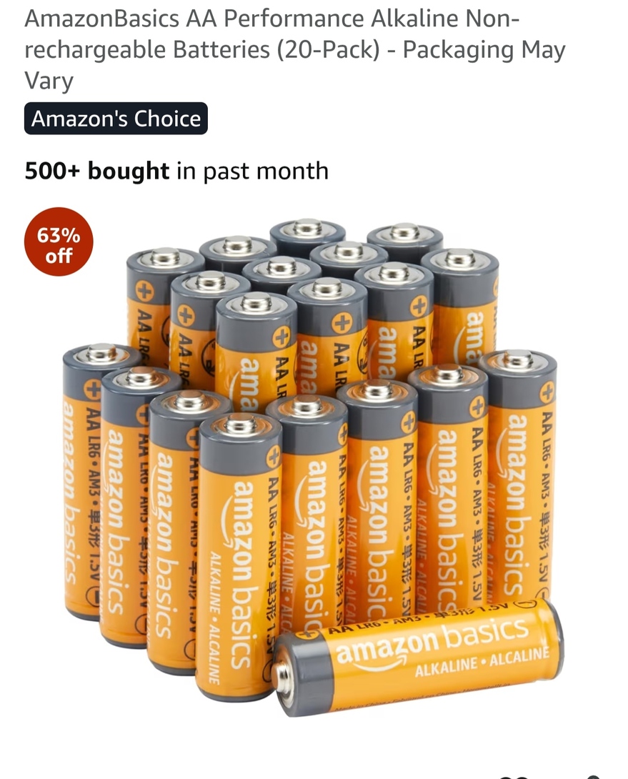 AmazonBasics AA Performance Alkaline Non-rechargeable Batteries (20-Pack)