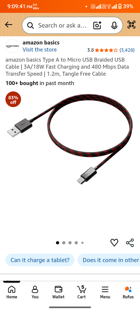 amazon basics Type A to Micro USB Braided USB Cable | 3A/18W Fast Charging and 480 Mbps Data Transfer Speed | 1.2m, Tangle Free Cable