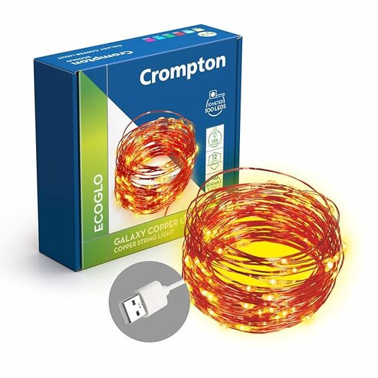 Crompton Galaxy Decoration Copper USB Powered String Fairy Lights with 100 Led Light (10 Meters / 32 Feet, Warm White, Pack of 1