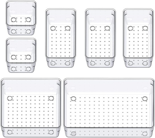 Arto Clear Transparent Acrylic Drawer Organizer Set with Various Size for Bathroom,Bedroom Dresser,Cosmetics Makeup,Kitchen Utensil,Office,Stationery,Drawer Tray Dividers,Vanity Trays (Pack of 7)
