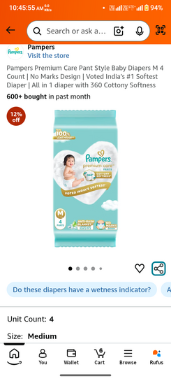 Pampers Premium Care Pant Style Baby Diapers M 4 Count | No Marks Design | Voted India’s #1 Softest Diaper | All in 1 diaper with 360 Cottony Softness