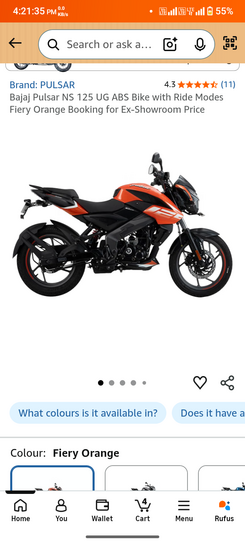 Bajaj Pulsar NS 125 UG ABS Bike with Ride Modes Fiery Orange Booking for Ex-Showroom Price