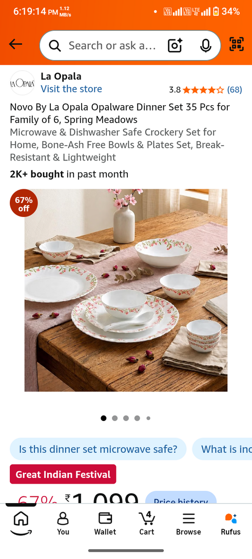 Novo By La Opala Opalware Dinner Set 35 Pcs for Family of 6, Spring Meadows Microwave & Dishwasher Safe Crockery Set for Home, Bone-Ash Free Bowls & Plates Set, Break-Resistant & Lightweight