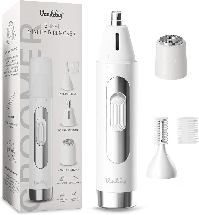 Vandelay 3-in-1 Facial Hair Remover for Women with Ring Light – Eyebrow, Nose & Ear Trimmer, USB Rechargeable