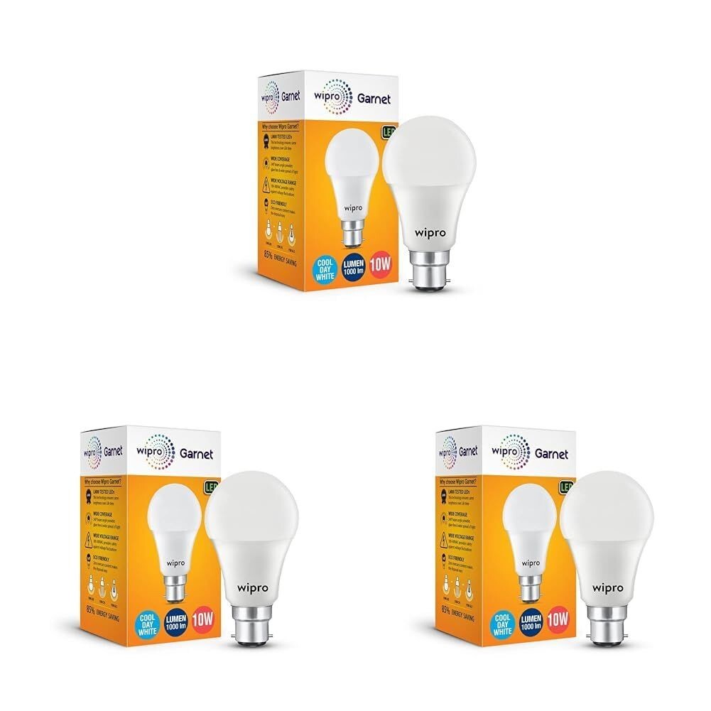wipro Garnet 10W LED Bulb for Home & Office |Cool Day White (6500K) | B22 Base