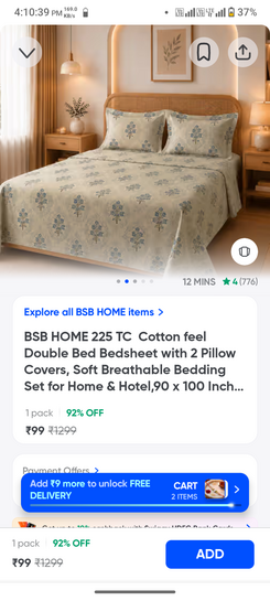 Loot :- BSB HOME 225 TC Cotton feel Double Bed Bedsheet with 2 Pillow Covers, Soft Breathable Bedding Set for Home & Hotel,90 x 100 Inches (228 x 254 cm) Mist on Instamart: