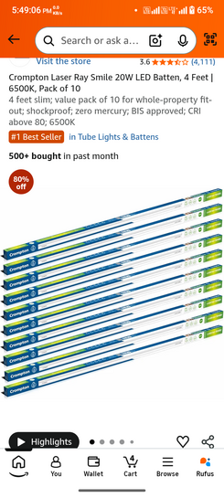 Crompton Laser Ray Smile 20W LED Batten, 4 Feet | 6500K, Pack of 10