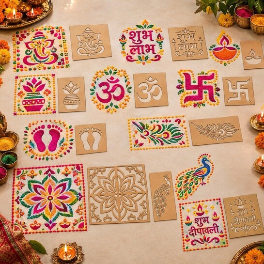 99-sample Rangoli MDF Stencil for Diwali Floor Decoration, 2.5mm, 14 Unique Designs