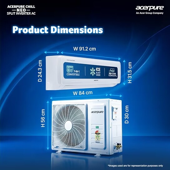 Acerpure Chill Neo 1.5 Ton 3 star, 5280W Max Cooling Capacity, Split AC (Copper, 4 Way Swing, 7 in1, Ice blast mode