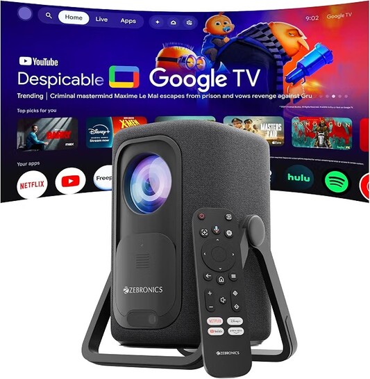 Zebronics Official Google TV Projector, 7500 Lumens, 4K Support, 200” Display, Auto Focus & Keystone