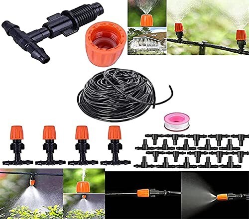 DIY Crafts Drip Irrigation for Greenhouse Cross Water Nozzle Sprinkler Misting Garden Sprinklers 1/4 Hose Water Cooling Weranda Lawn (8 Pcs Misting Kit, Included Pipe + Faucet Connector + Accessory)