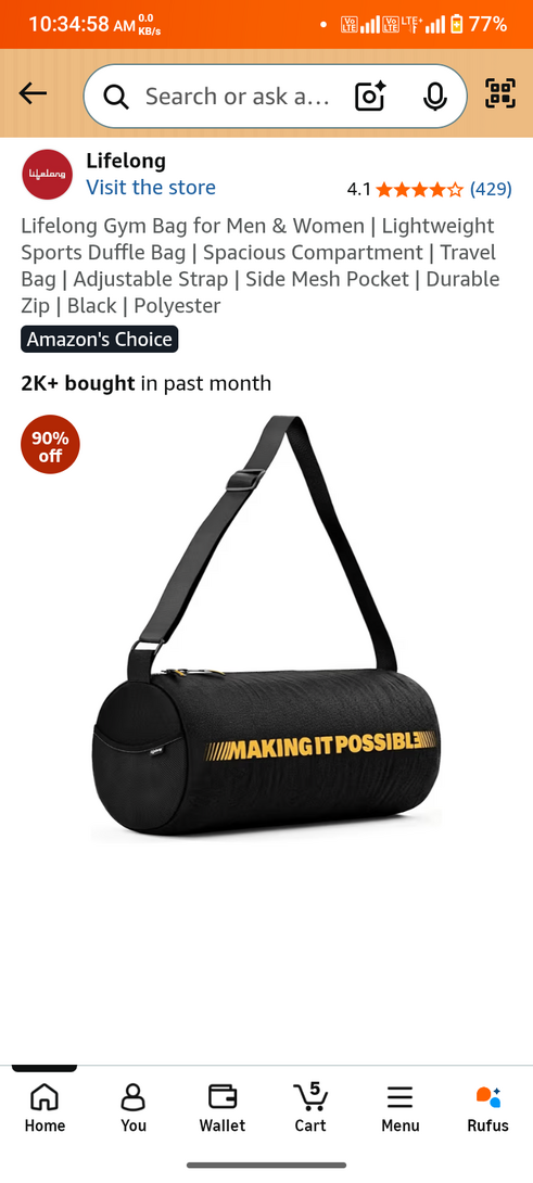 Lifelong Gym Bag for Men & Women | Lightweight Sports Duffle Bag | Spacious Compartment | Travel Bag | Adjustable Strap | Side Mesh Pocket | Durable Zip | Black | Polyester