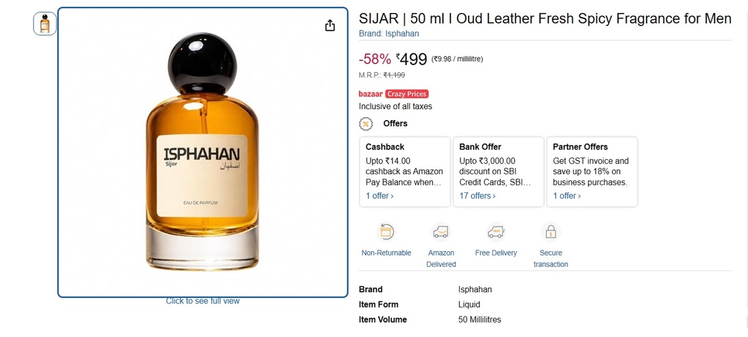 FLAT 58% Off on ISPHAHAN 50 ml MEN EDP- Rs499/- 