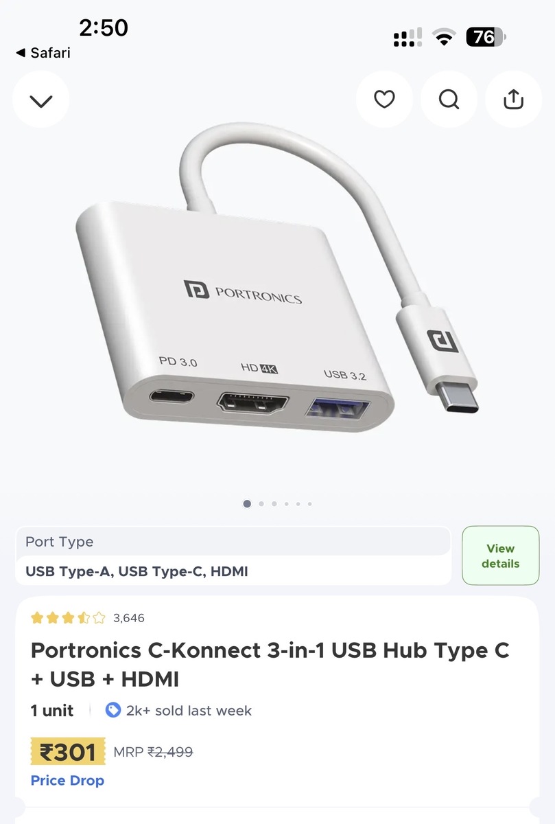 Zepto - Portronics C-Konnect USB Type-C Adapter | 3 in 1, Type-C + USB ...