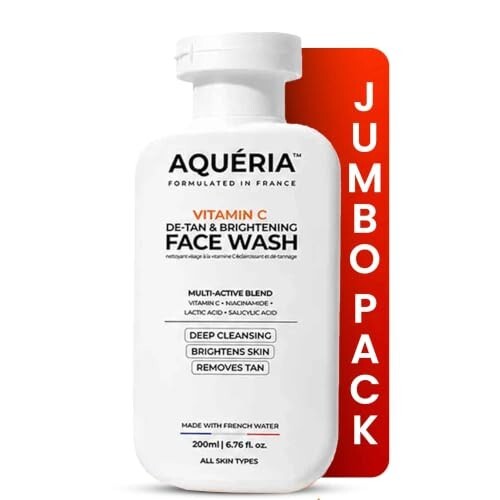 Aqueria Jumbo 200ml Face Wash For De-Tan & Brightening Vitamin C  | Non-Drying Formula for All Skin Types | 3 Month Pack | Men & Women Gentle Cleanser