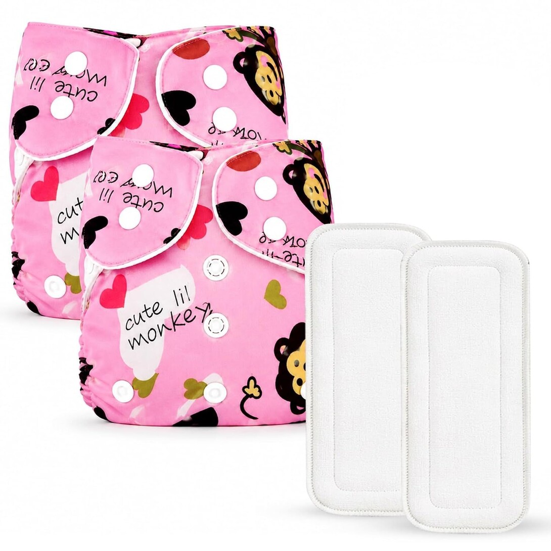 GLUN® Adjustable Reusable Baby Cloth Diaper with 2 Absorbent Inserts, Waterproof & Washable Pocket Nappy, Soft Comfortable Fit for Infants and Toddlers, Pink Monkey Print