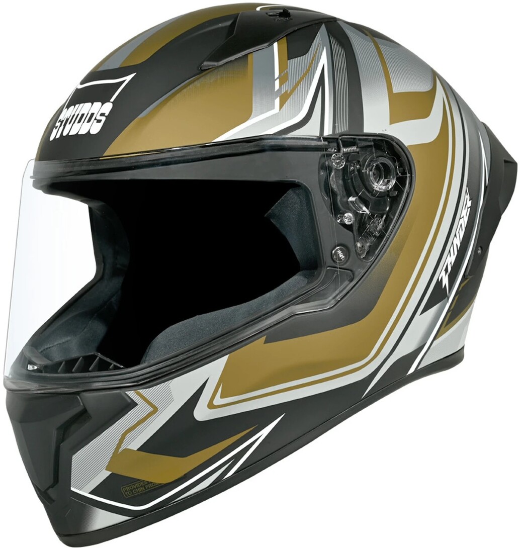 STUDDS Thunder Flash Full Face ISI & DOT Certified Helmet with Spoiler and Clear Visor Motorbike Helmet (MATT BLACK - GOLDEN)