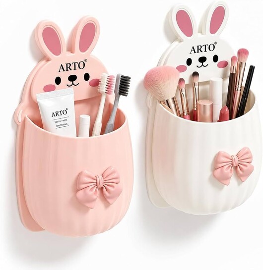 ARTO Cute Bunny Wall Hanging Holder - Kawaii Toothbrush Holder & Makeup Brush Organizer for Bathroom Vanity, Cosmetics & Dorm Room (Multicolour)