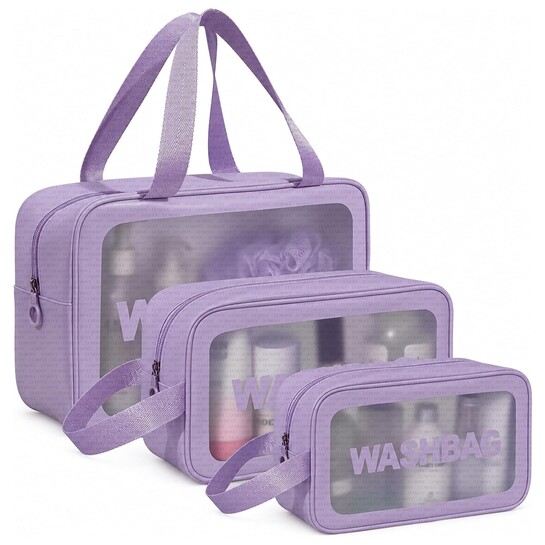 LUMONY® Waterproof Clear PVC Makeup Pouch Bag Set of 3 – Portable Travel Toiletry & Cosmetic Wash Bag Organizer Kit for Women (Purple)
