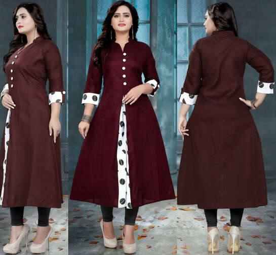 Hetsa Brand Calf Length Cotton Printed Maroon Anarkali Kurta with Mandarin Neck, Regular 3/4th Sleeves in Sizes M, L, XL, XXL