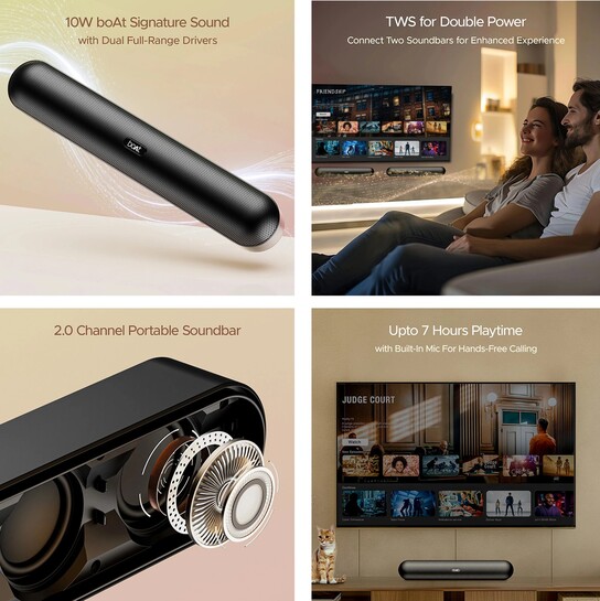 boAt Bar 480/490, Free Music on , 7H Battery, Dual Full Range Drivers 10 W Bluetooth Speaker 