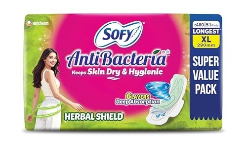 Sofy AntiBacteria XL - 290mm | 51 Count pads | For Women Sanitary Pads | Keep Skin Dry | 6 Layer Deep Absorption | Herbal Shield | Hygiene & Herbs | X-Large