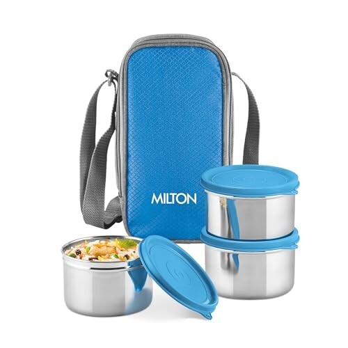 MILTON Stack Pack 3 Stainless Steel Lunch Box (3 X 500 ml containers) with Jacket, Leak Proof, Food Grade, Lightweight, Odour Proof, 1 Year Warranty, Ideal for Office, School, Travel, Blue