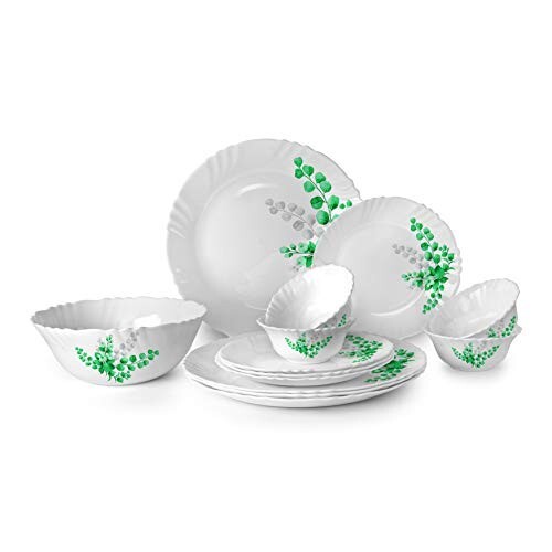 CELLO Imperial Series Aqua Leaves Design Dinner Set of 13 Pieces for Family of 4 | Bone-Ash Free & Leadfree Opal Glass, Microwave & Dishwasher Safe Plates and Bowls Crockery Set for Dining & Gifting