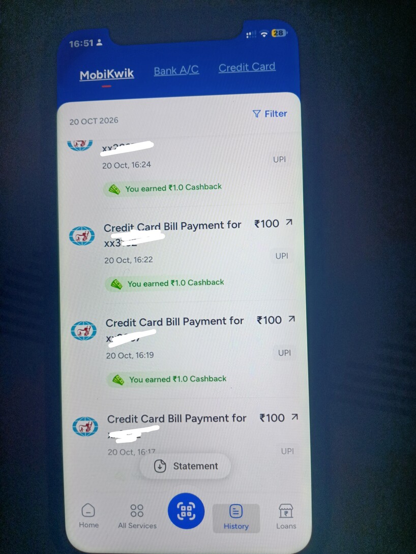 MobiKwik cc bill payment 1% cb unlimited times