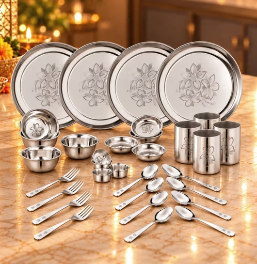 Classic Essentials Stainless Steel Dinner Set (32 Pieces, Silver, Permanent Laser-Glory) on Instamart: