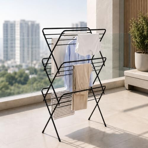 Lifelong Foldable Alloy Steel Cloth Drying Stand for Balcony|3-Tier Heavy Duty Laundry Rack for Indoor & Outdoor