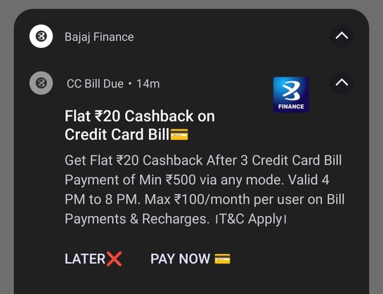 Bajaj Finserv: pay 3 Credit Card bill payment (get Rs. 20 cashback)