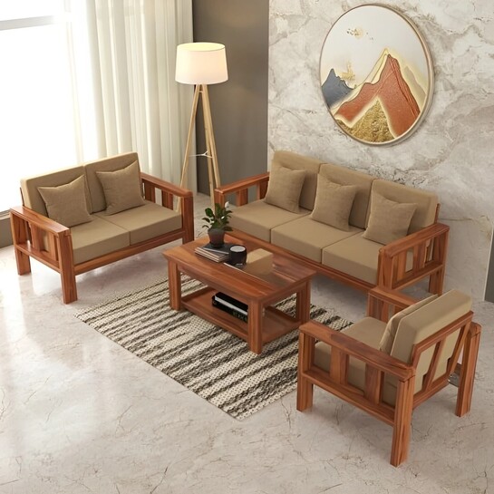 DECORWOOD Solid Sheesham Wood For Living Room, Hotel Office. Fabric 3 + 2 + 1 Sofa Set (Honey Teak Finish, DIY(Do-It-Yourself))