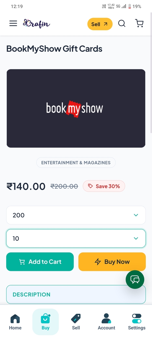 BookMyShow GC @30% OFF on crafin