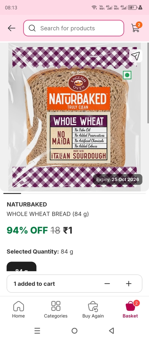Minutes - 84g whole wheat bread @ Rs.1