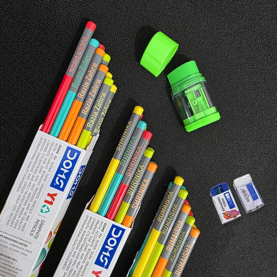 Personalized pencils with name | Personalised Name Pencil for Kids with Free Eraser & Sharpener, name engraved HB Pencils | Best For School, Return Gift | Combo Offer (10 Pencil 3 Moq 3 Name)