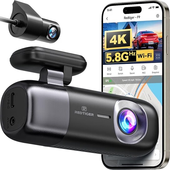 REDTIGER F9 Dash Cam for Car Front and Rear 4K+1080P, 5.8GHz WiFi GPS Dash Camera, 170° Wide Angle View, Night View, Loop Recording