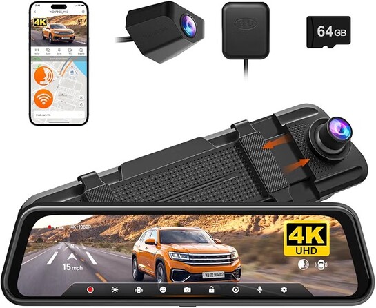 WOLFBOX M40 4K Rear View Mirror Dash Cam for Car, ADAS & Voice Control, Front 4K + Rear 1080P, Night View, 10” Touch Screen, GPS&WiFi, 64GB Card Included