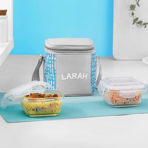 Larah Glassware Vogue Blue Borosilicate Glass Lunchbox with Bag | Microwave & Dishwasher Safe, Leakproof | Tiffin for Office, School, College (320ml Vertical)