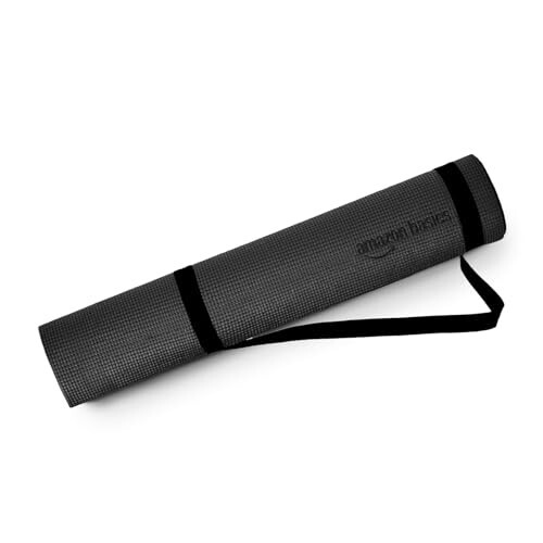Amazon Basics PVC Yoga & Exercise Mat with Carrying Strap | 6 mm Thick | Non-Slip Textured Surface | Lightweight & Durable | Floor Protection | Ideal for Home, Gym, Studio & Outdoor Workouts | Black