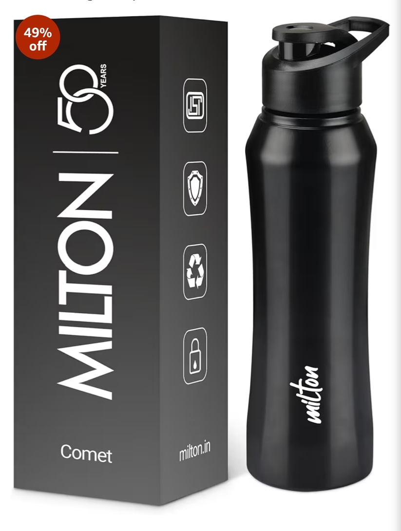 MILTON Comet 1000 Stainless Steel Water Bottle 1000 ml, Single Walled, ISI Certified I Leak Proof Lid, Rust Proof I For School, Office, Gym I Black