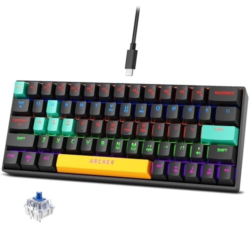 Archer Tech Lab Wired Mechanical Gaming Keyboard| 60% Compact, 63 Keys+ 26 Anti-Ghosting, Blue Switches Tactile Feedback, 17 RGB Effects, 50 Million Clicks for Laptop Mac PS4 PS5 Xbox (Astra M400)