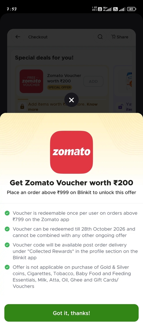 Blinkit x zomato :get free200zomato voucher on 999+blinkit order (can apply voucher coupon alongwith) 