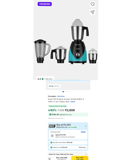 [lowest] 4.2/5, 46.5 k ratings 4 jars crompton 750w mixer grinder
